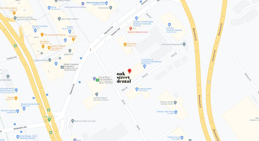 A map of showing the location of Oak Street Dental - 3375 Oak Street, Victoria, BC
