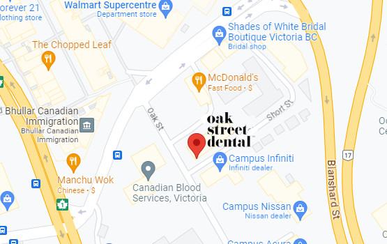 A road map of the Oak Street Dental location at 3375 Oak Street, Victoria, BC